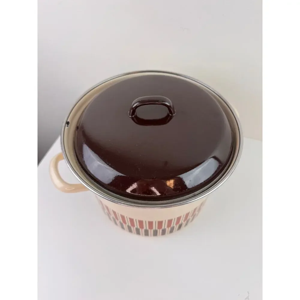 Vintage Moneta MCM Beige Brown Stock Pot 8-Quart Enamel with Lid Made in Italy